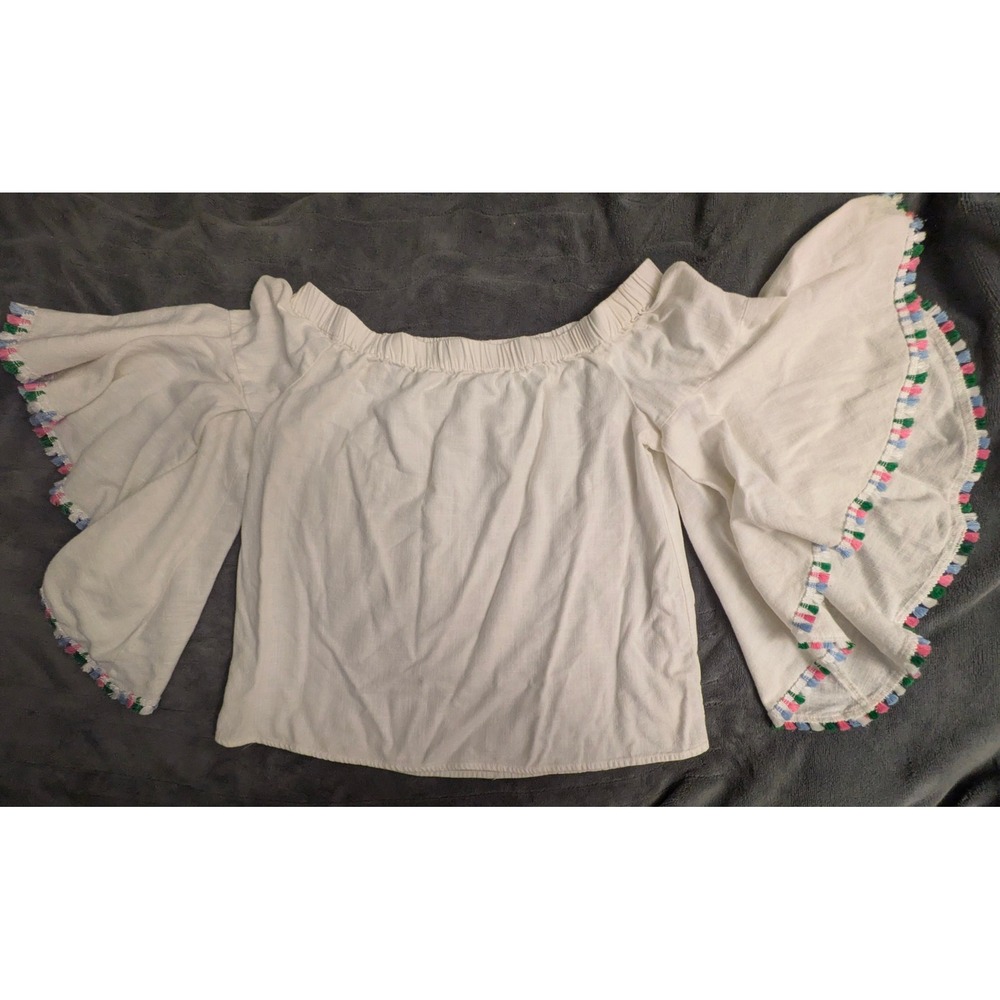Altar'd State White Off The Shoulder Bell Sleeve Tassel Trim Boho Top Small